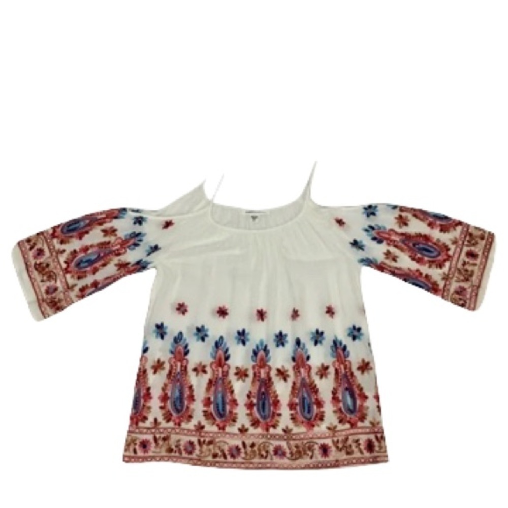 Karen Kane Boho Cold Shoulder White Top with red and blue flower embroidered-M